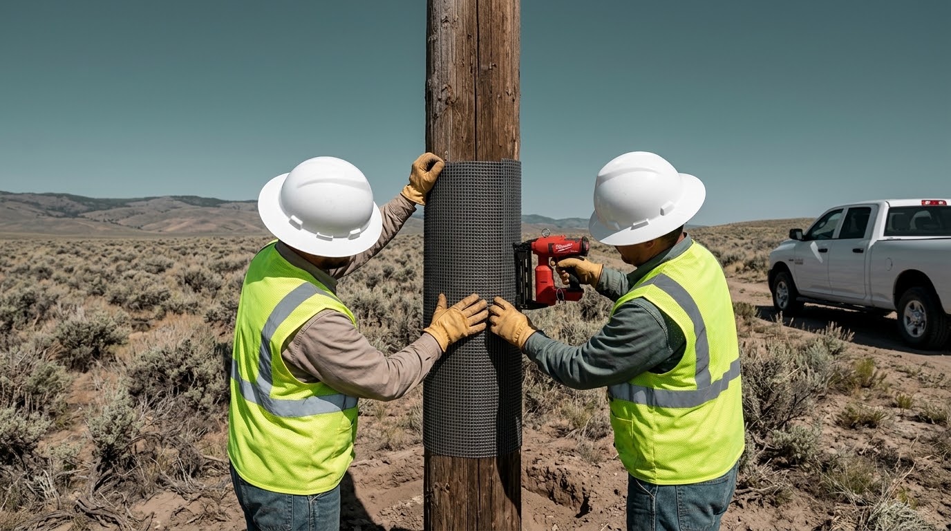 Two installers fastening a mesh panel to a pole in sagebrush, their truck behind them