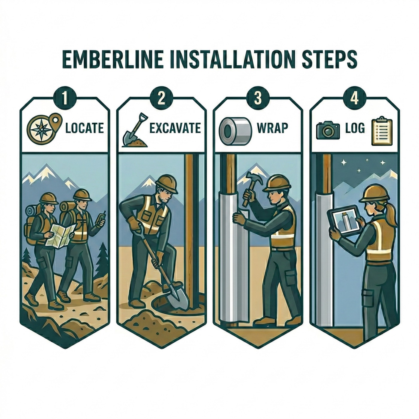 Illustration of the four-step installation sequence: locate, excavate, wrap, and log.