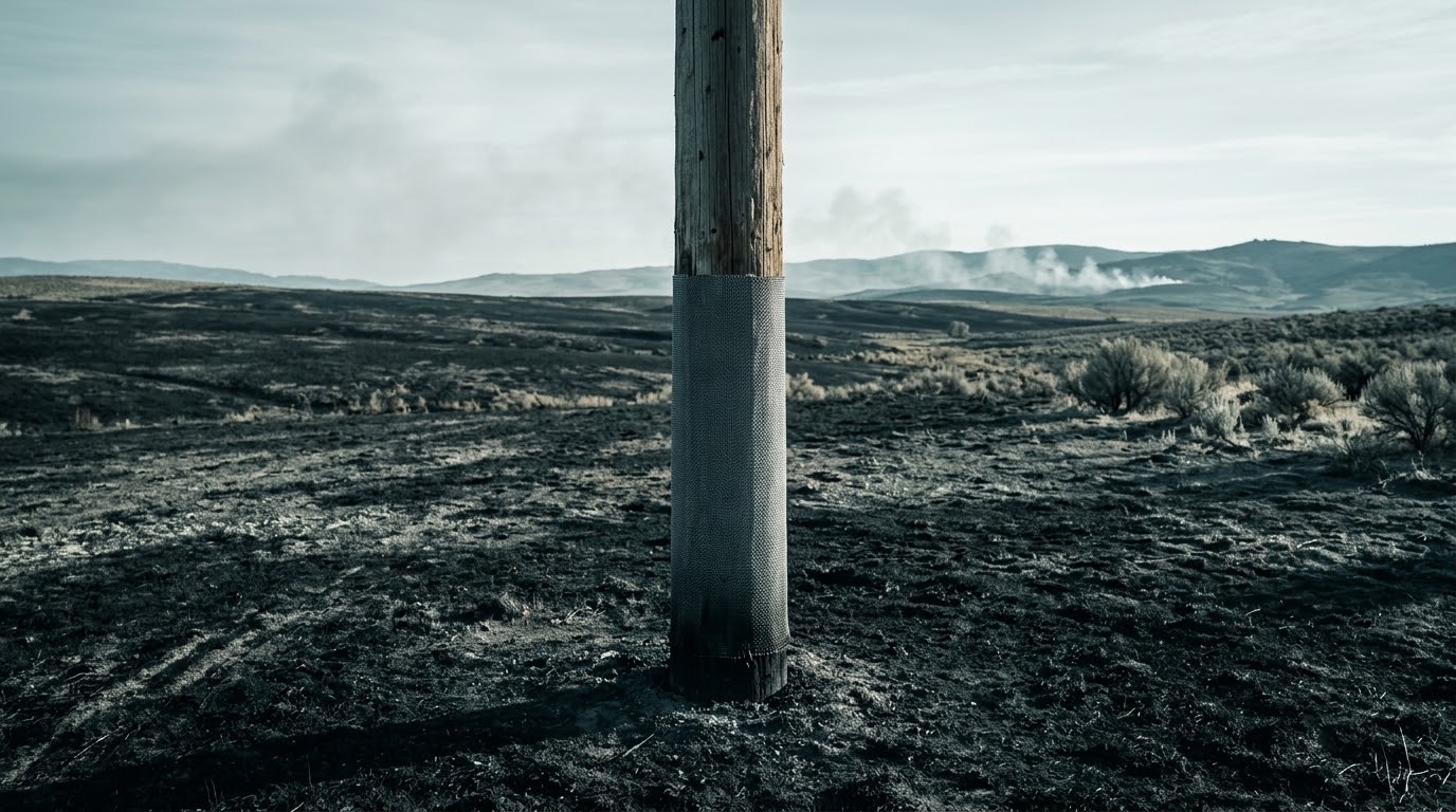 A wrapped wood pole standing in burned rangeland, the ground charred up to the wrap